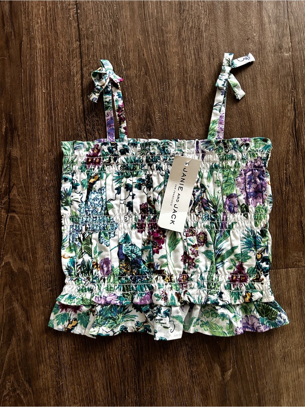 Janie and Jack White Floral Smocked Camisole with Purple and Green Accents